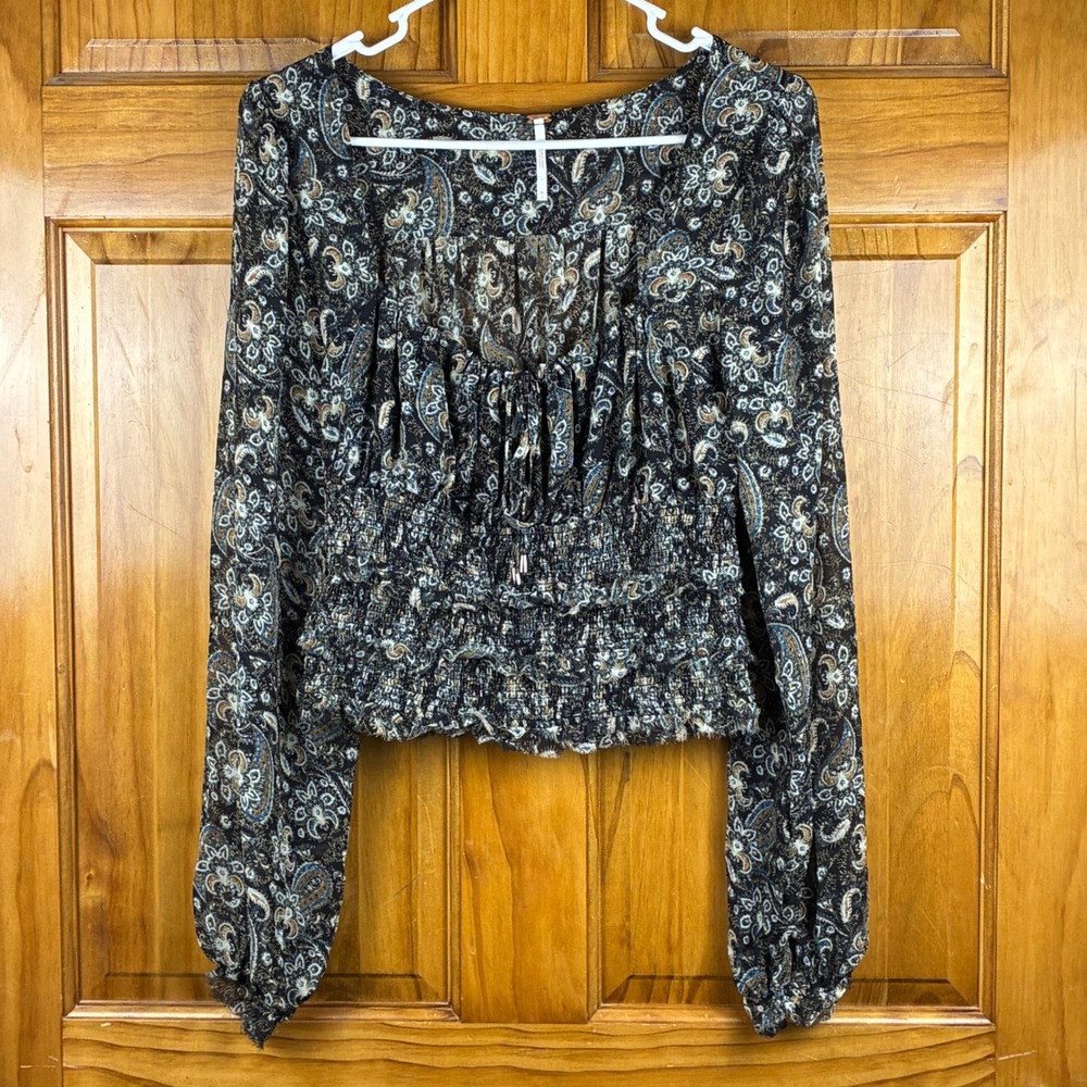 Free People Paisley Peplum Smocked Waist Long Sleeve Blouse Sz Medium